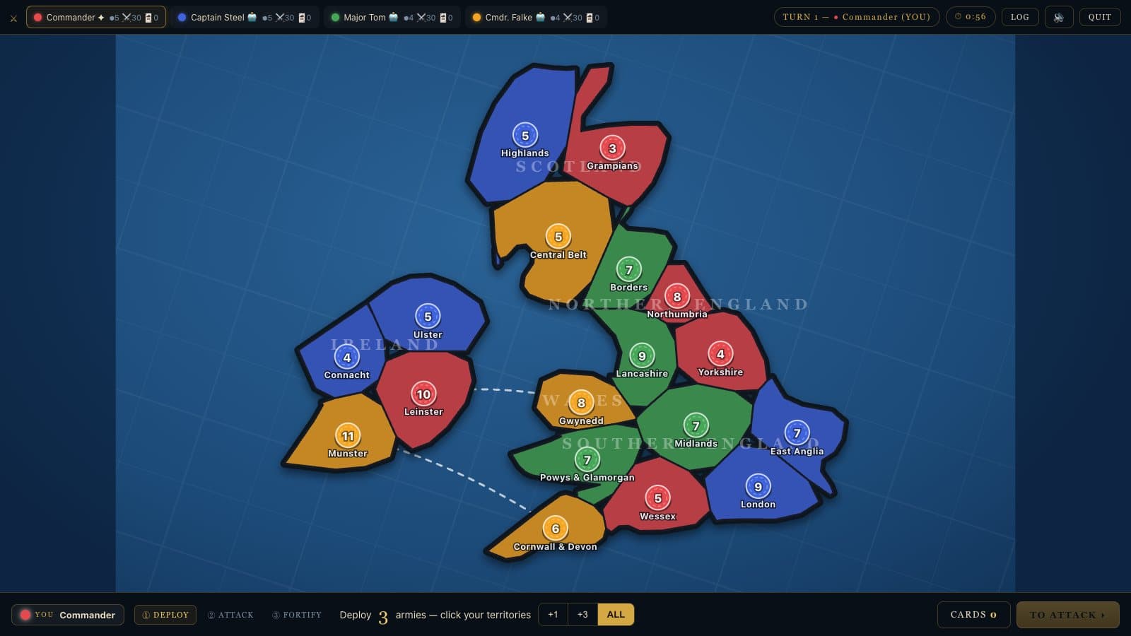 The CONQUEST British Isles map at the start of a game, 18 territories in five regions