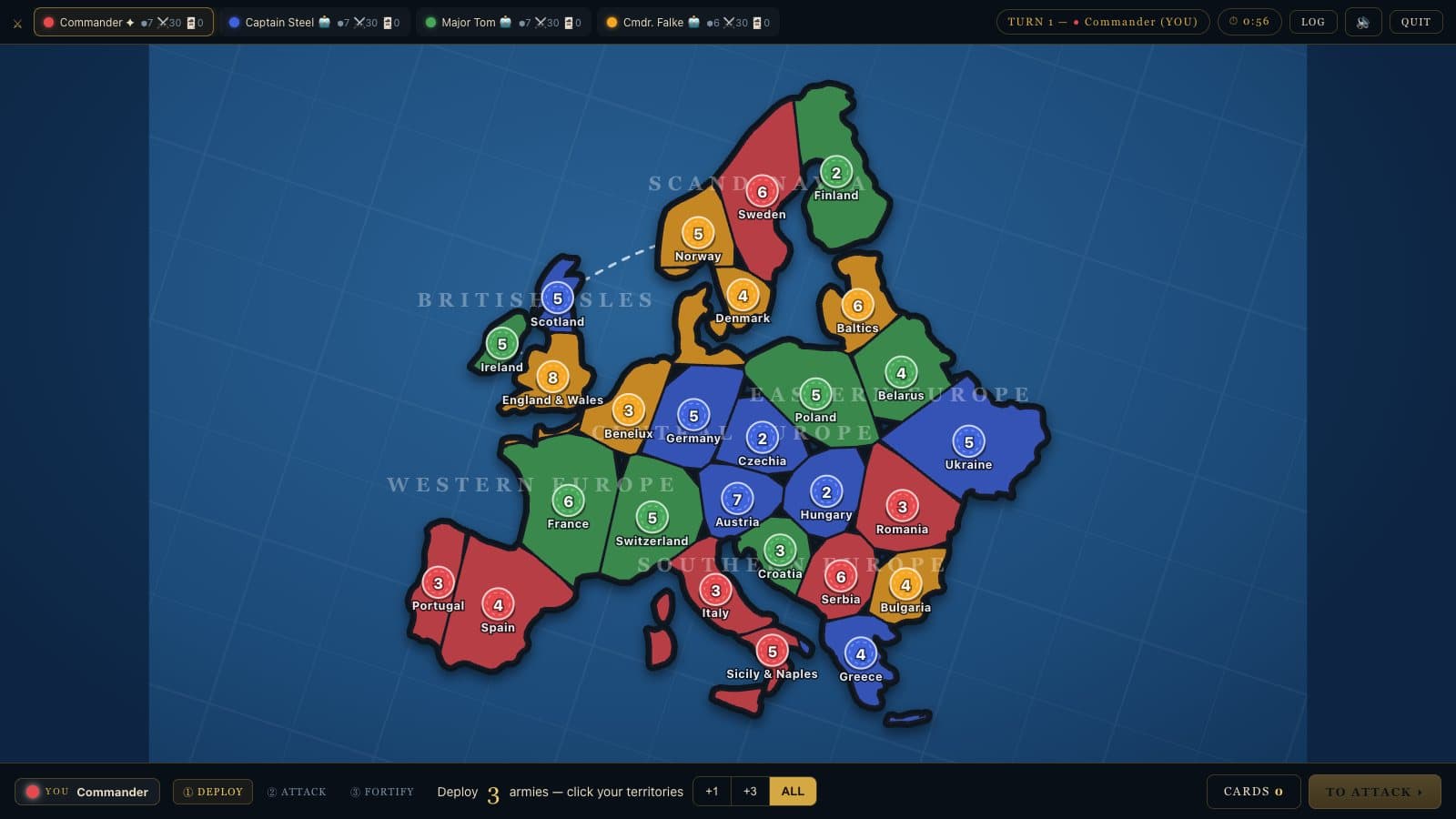 CONQUEST Europe map at the start of a game against bots