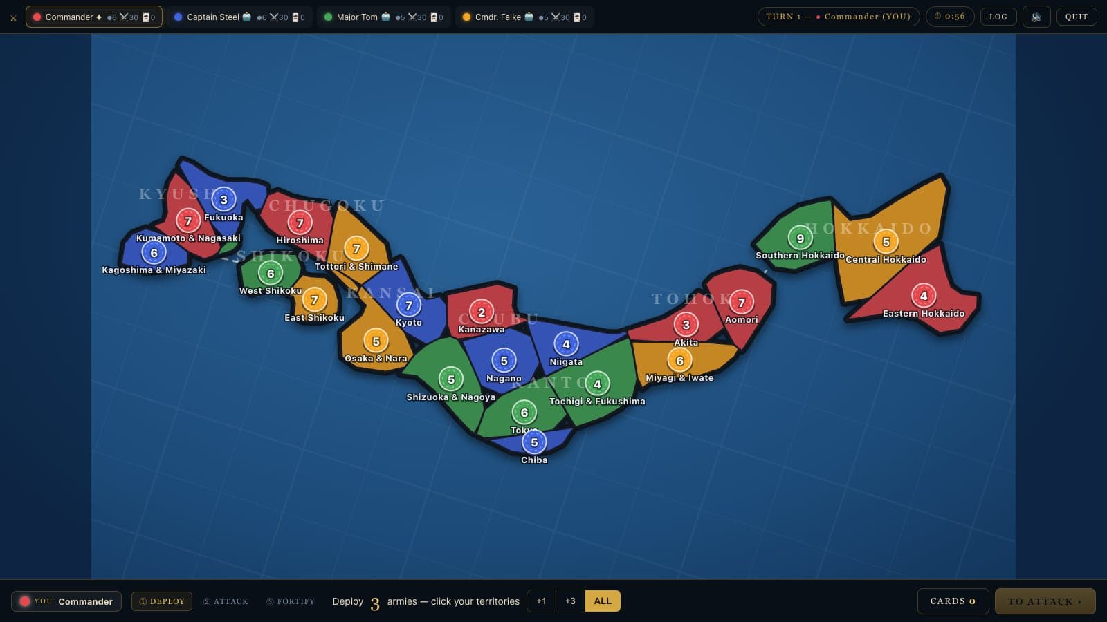 CONQUEST Japan map at the start of a game against bots, 22 territories grouped into regions