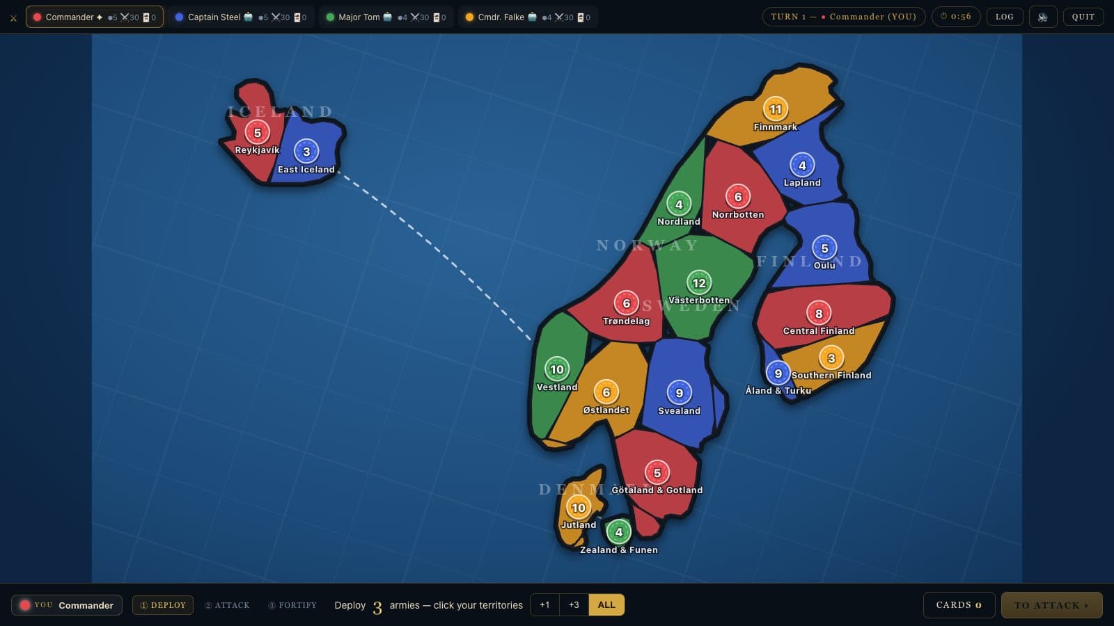 Nordics map in CONQUEST at the start of a game