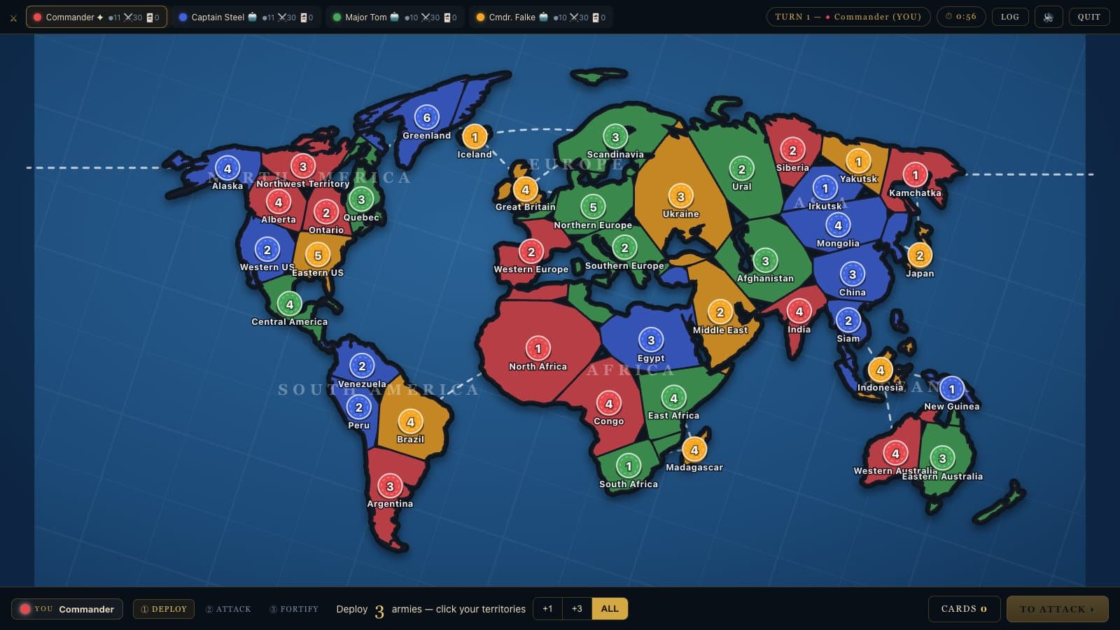 CONQUEST World Classic map at the start of a game, with one to five armies on each territory