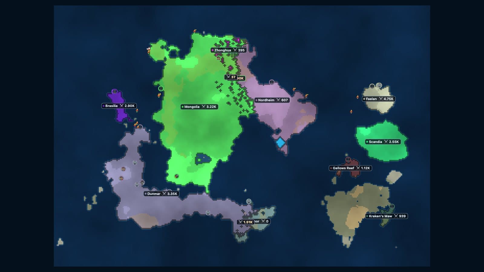 The Thousand Islands map in Frontlines seven minutes into a match with eleven nations alive