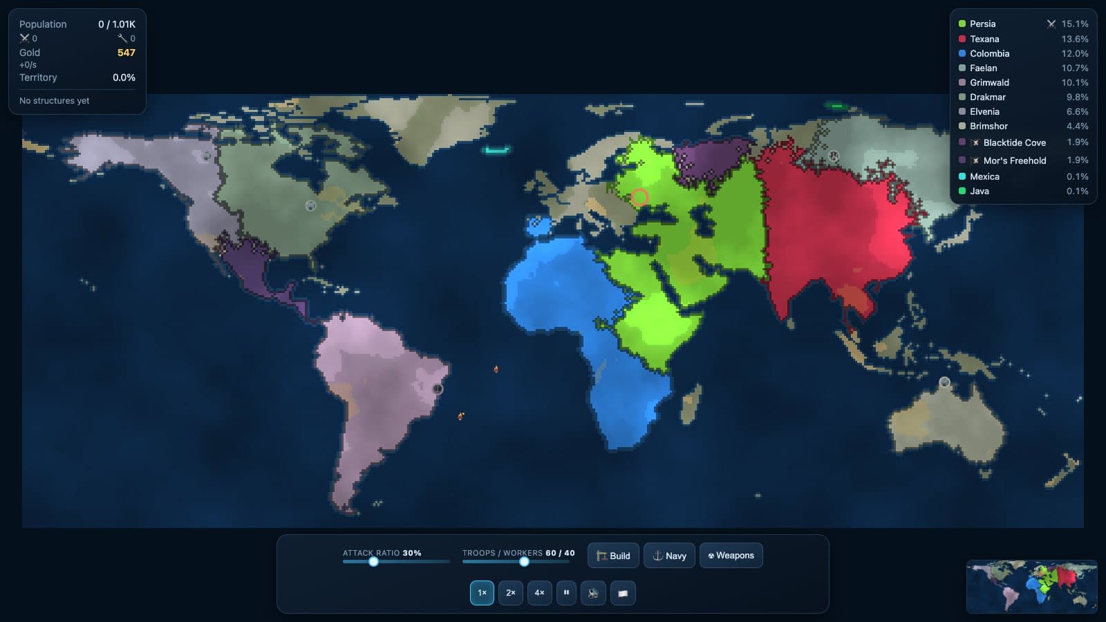 Frontlines HUD on the World map with the Attack ratio slider at 30% and the Troops / Workers slider at 60 / 40