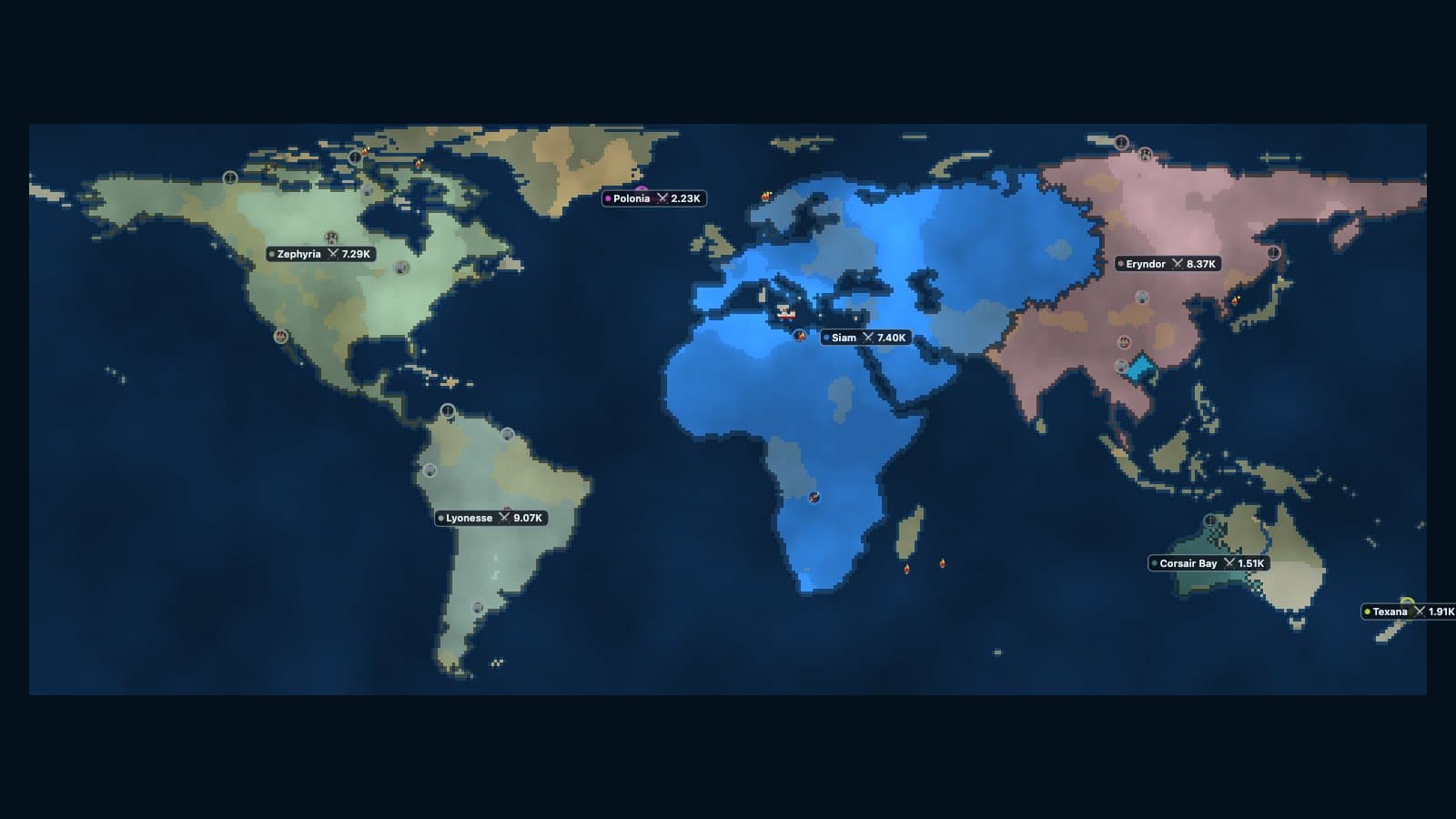 Frontlines on the World map seven minutes into a free-for-all, showing nations spread across the continents