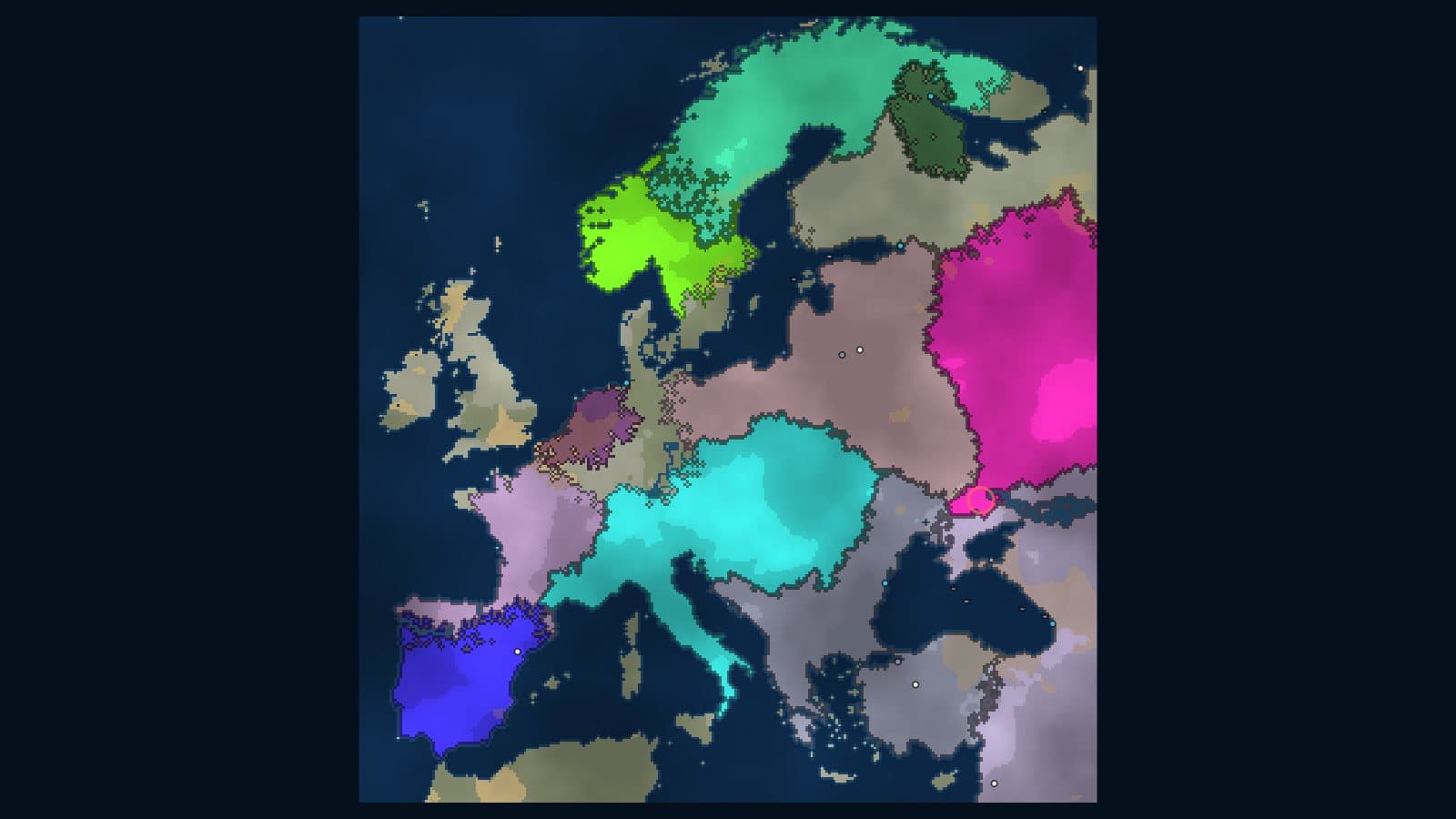 Frontlines on the Europe map showing several nations and their borders