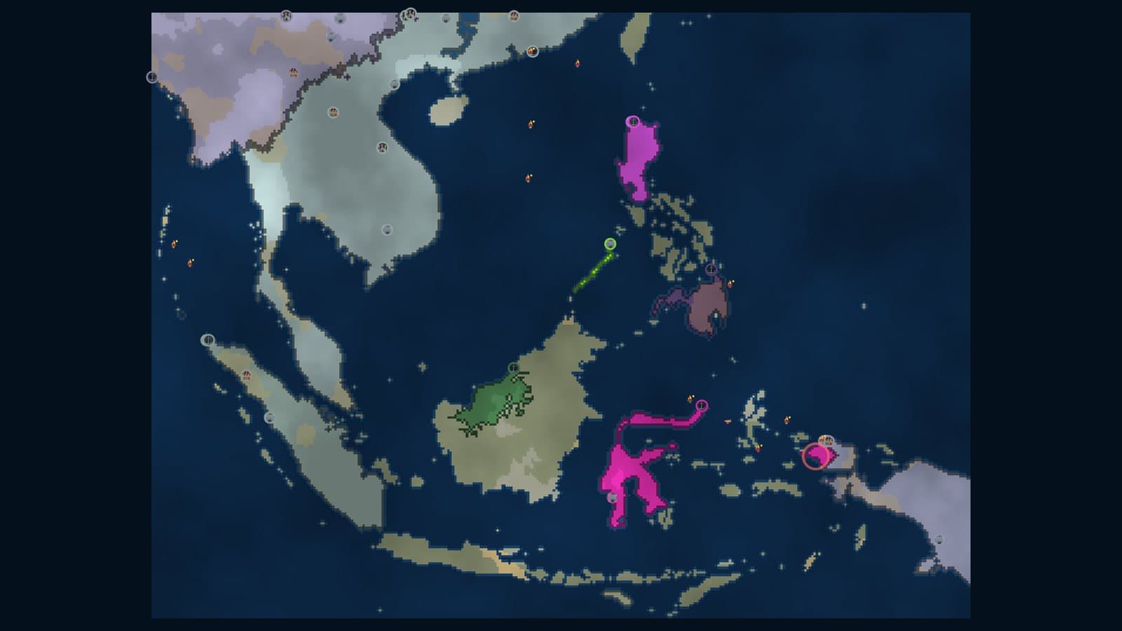 Frontlines on the Southeast Asia map six minutes into a free-for-all, with nations on separate islands
