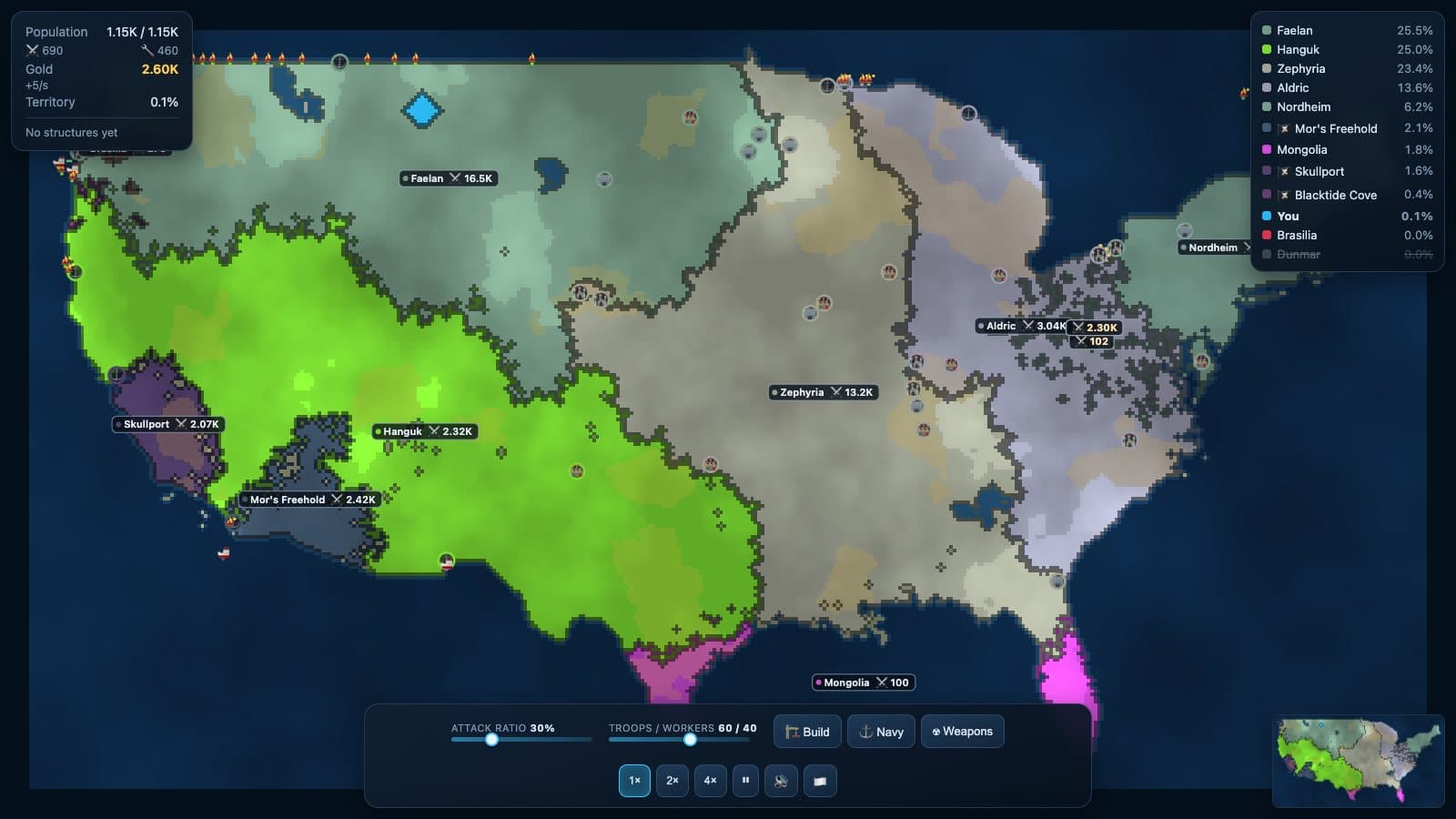 Frontlines USA map with the population, gold and territory panel in the top left showing an income of +5 per second and no structures yet